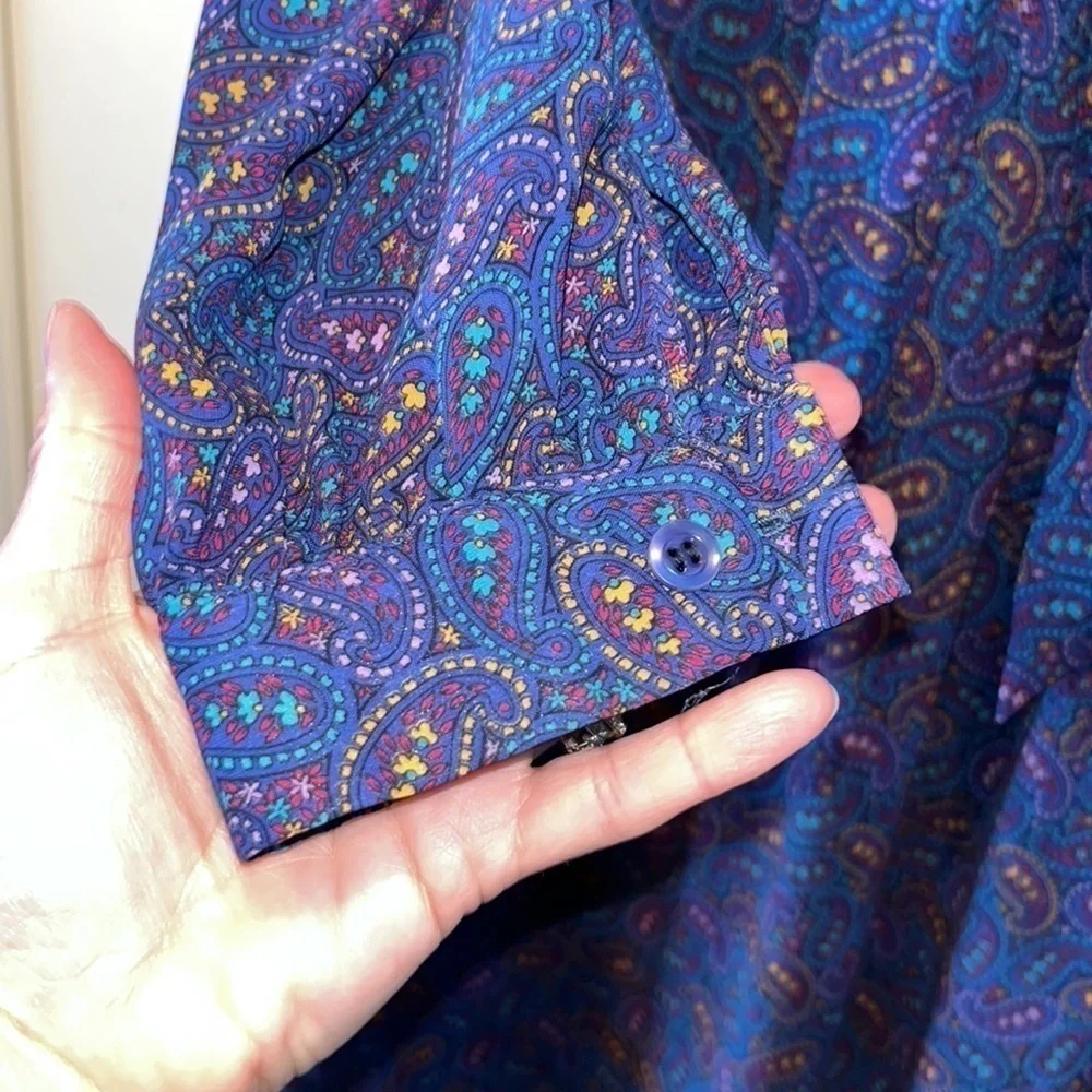 Vintage purple Paisley midi/maxi long sleeve button dress with tie sz L 12 boho